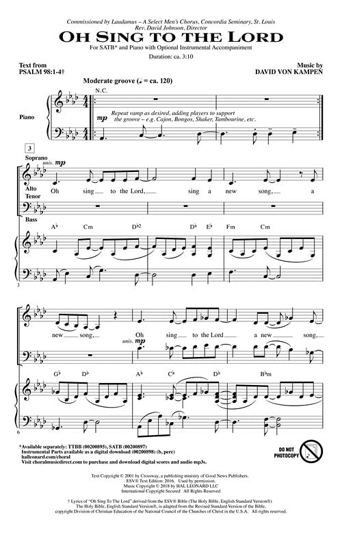 Oh Sing To The Lord Sacred Choral Satb David Von Kampen