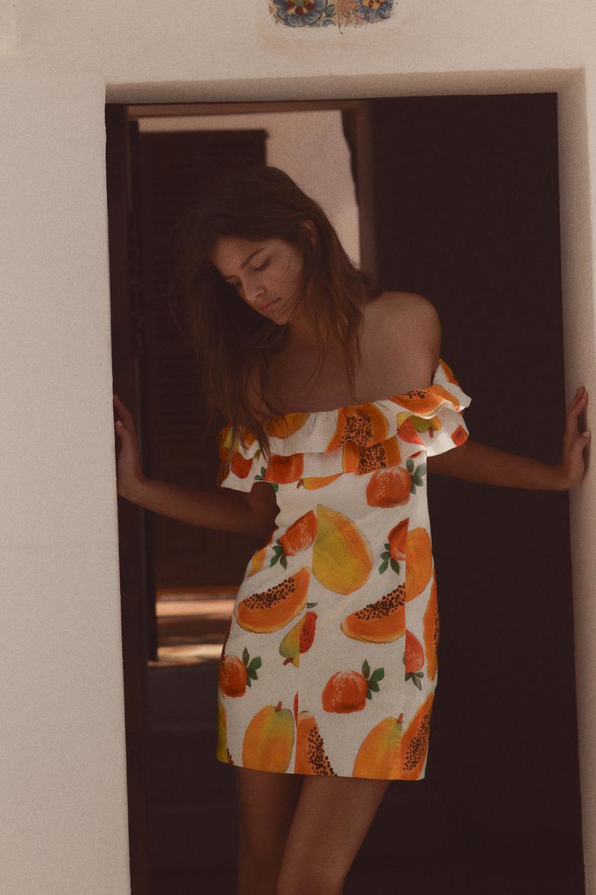 FRUIT PRINT RUFFLED MINI DRESS - Oranges