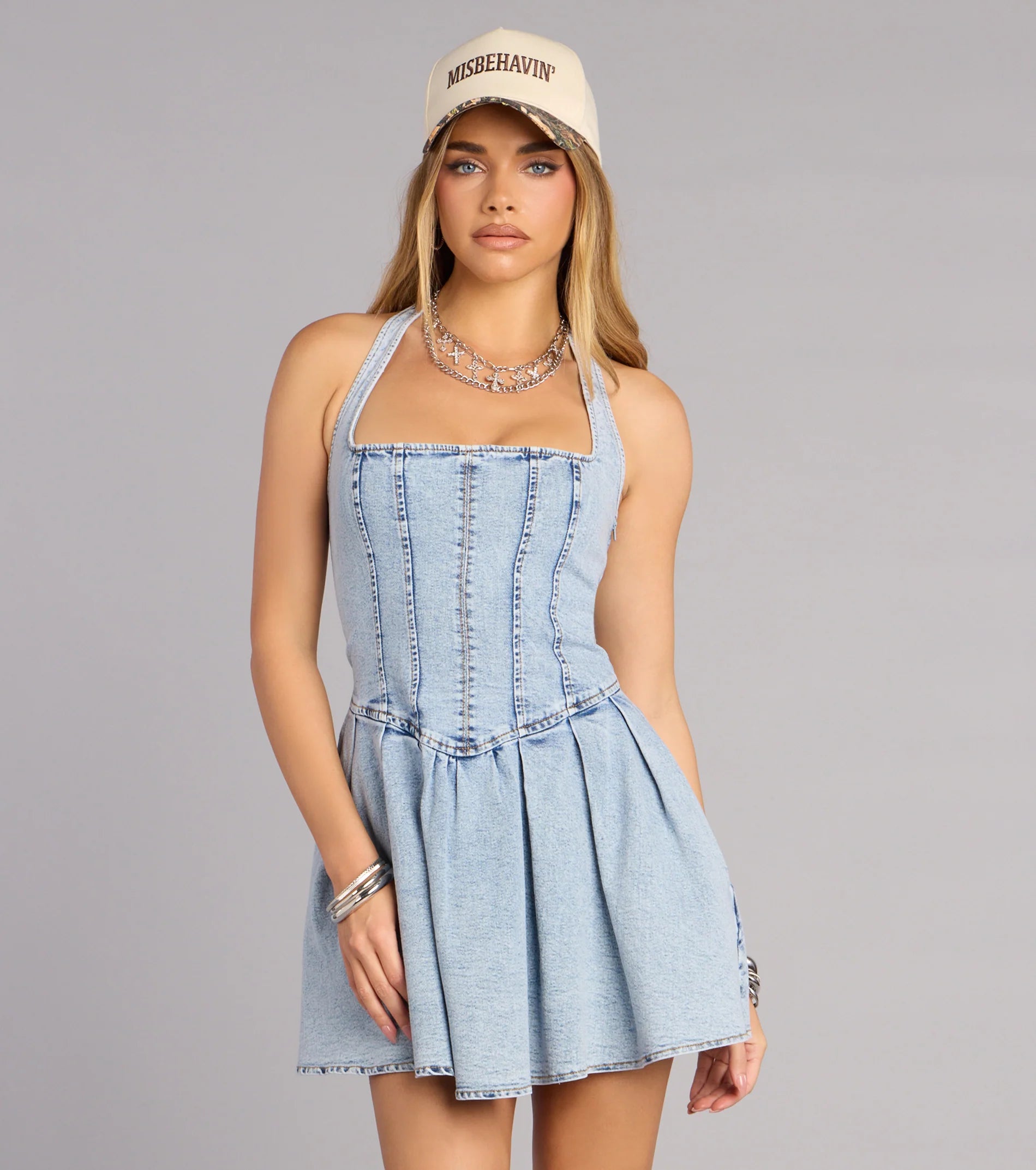 Darling Charm Halter Pleated Denim Skater Dress