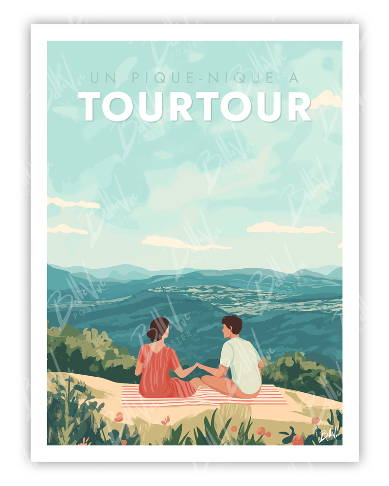 Affiche Un pique nique à Tourtour - illustration vintage, décoration murale, BelleVue Poster