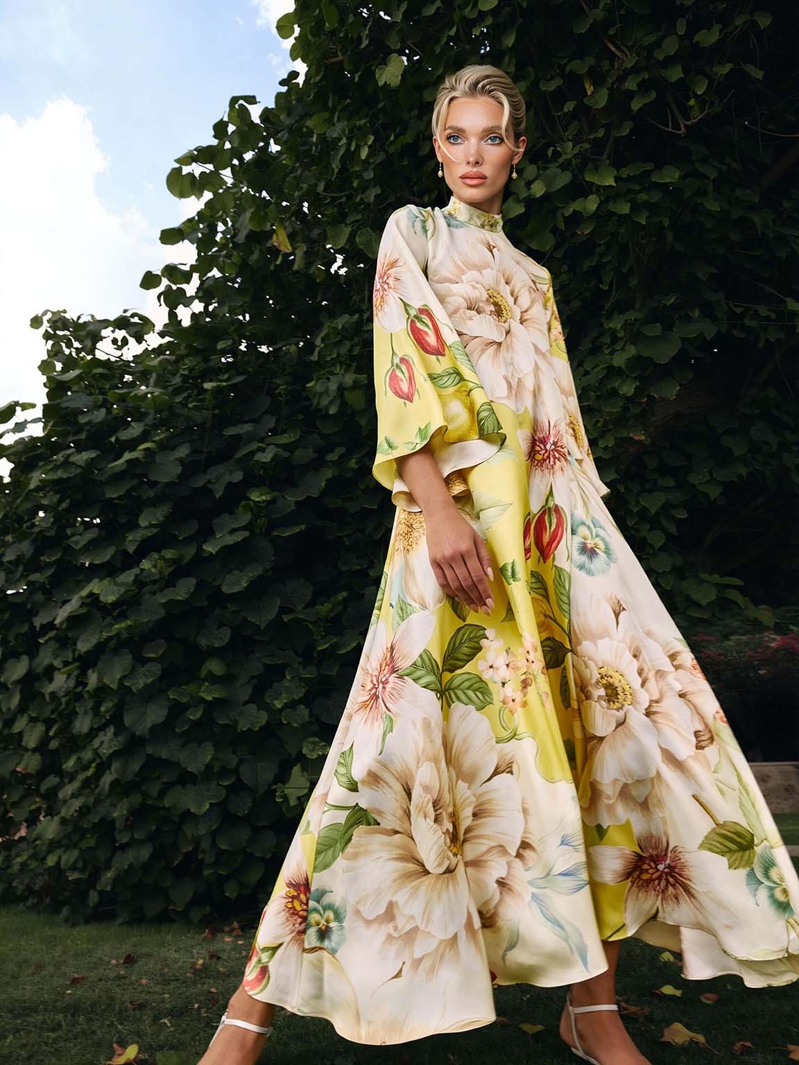 Elegant Floral Print Bell Sleeve Maxi Dress – Likemychoice