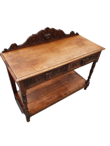 Victorian Gothic Oak side table, decorative carved round 1920. Green Mask decoration