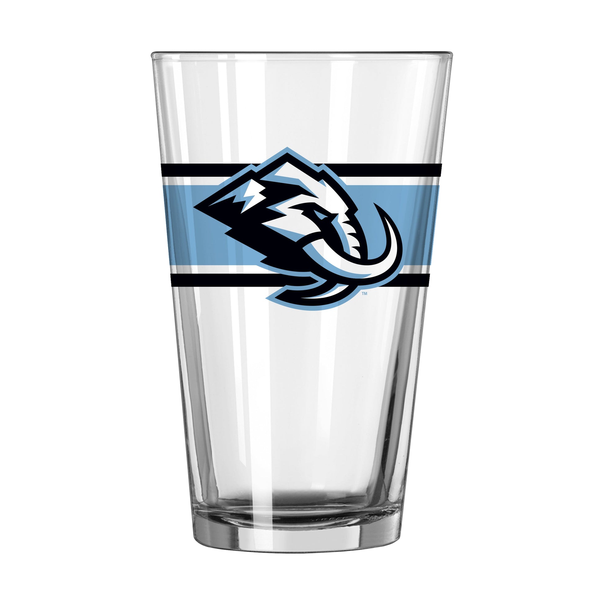 Utah Mammoth 16oz stripe pint glass from Logo Brands, clear glass with blue and white striped design, perfect for beverages.