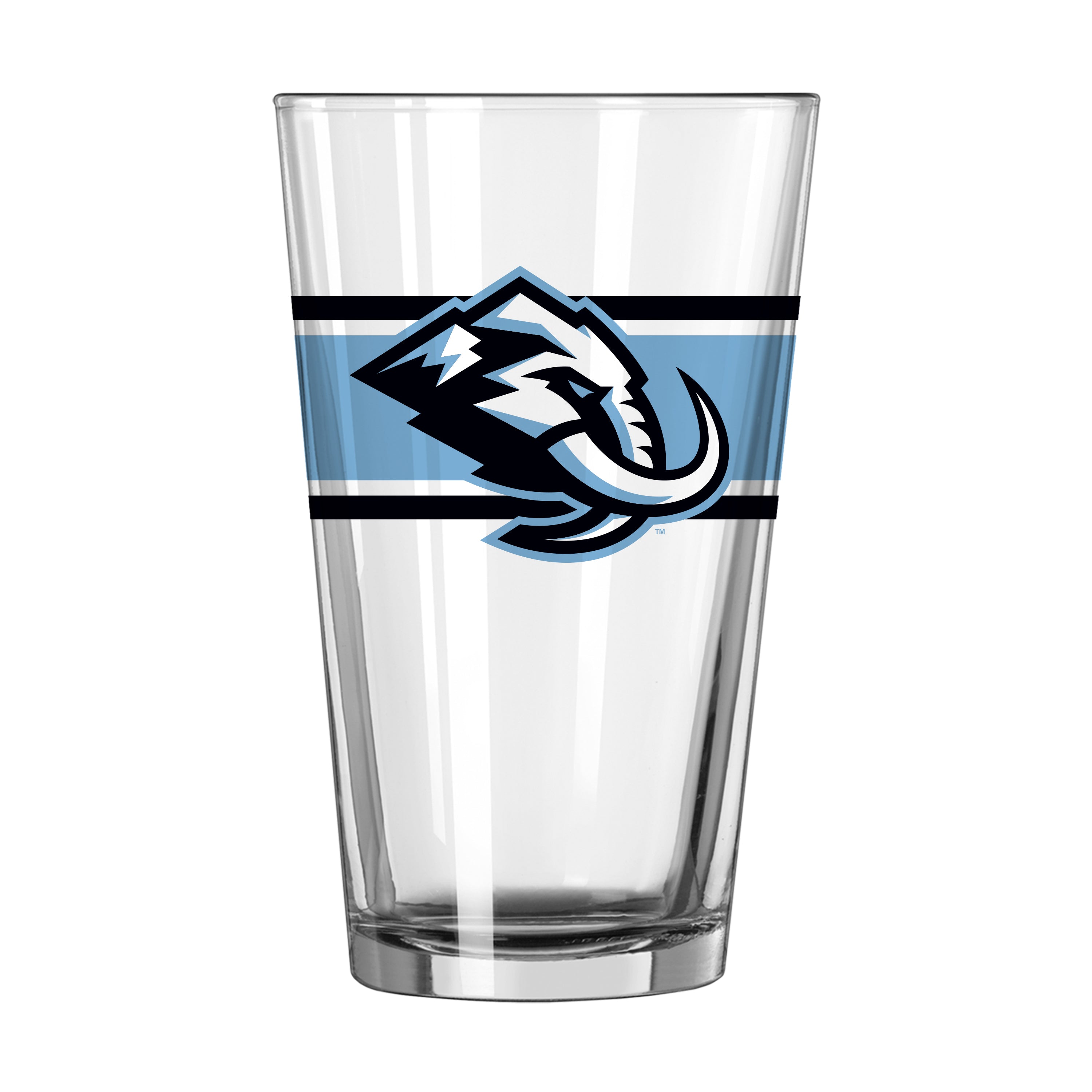 Utah Mammoth 16oz stripe pint glass from Logo Brands, clear glass with blue and white striped design, perfect for beverages.