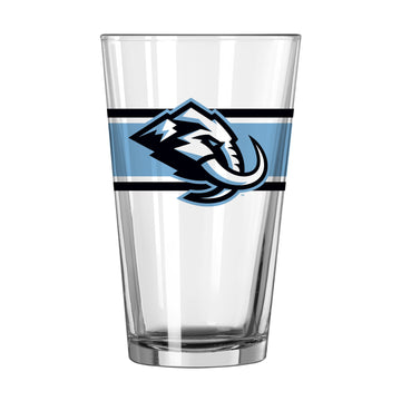Utah Mammoth 16oz stripe pint glass from Logo Brands, clear glass with blue and white striped design, perfect for beverages.