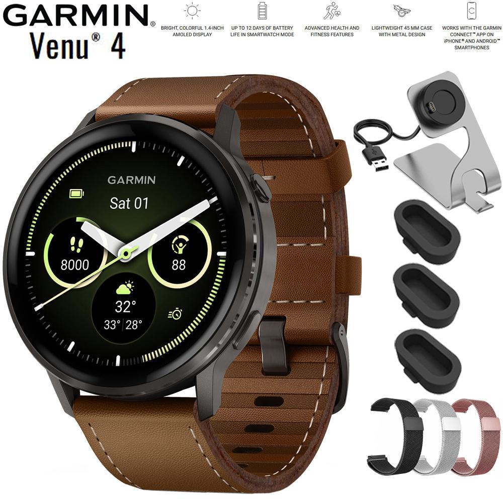 Garmin Venu 4 45 mm Smartwatch Slate with Brown Leather Band + Band Bundle