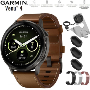 Garmin Venu 4 45 mm Smartwatch Slate with Brown Leather Band + Band Bundle