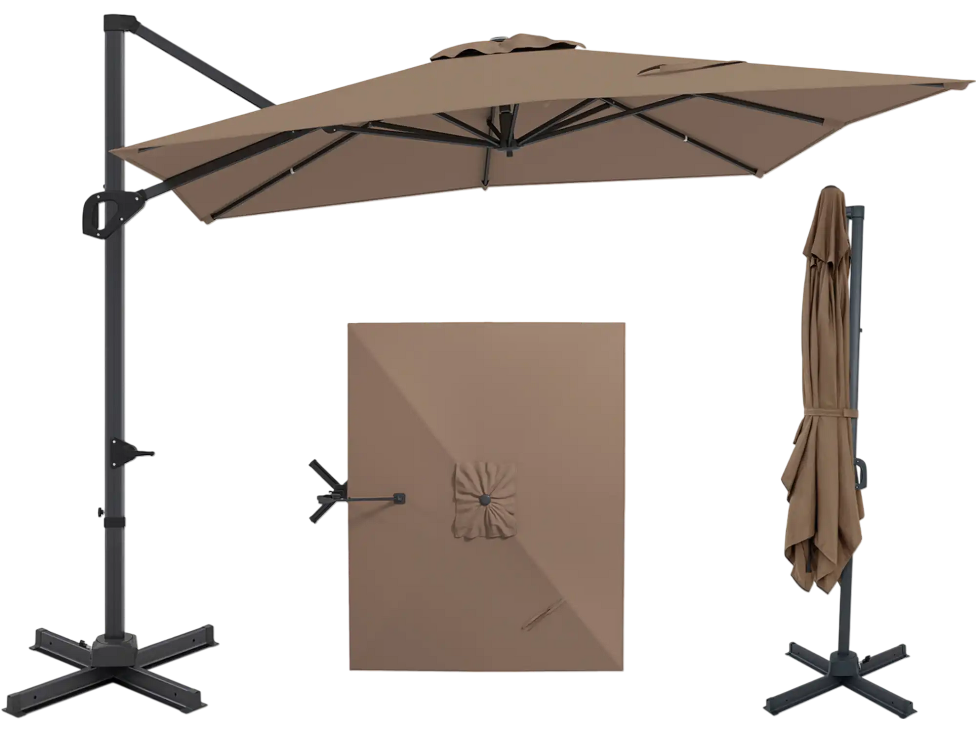 Brown 11 x 9 FT cantilever patio umbrella with 360° rotation and easy tilt adjustment for versatile outdoor shade.
