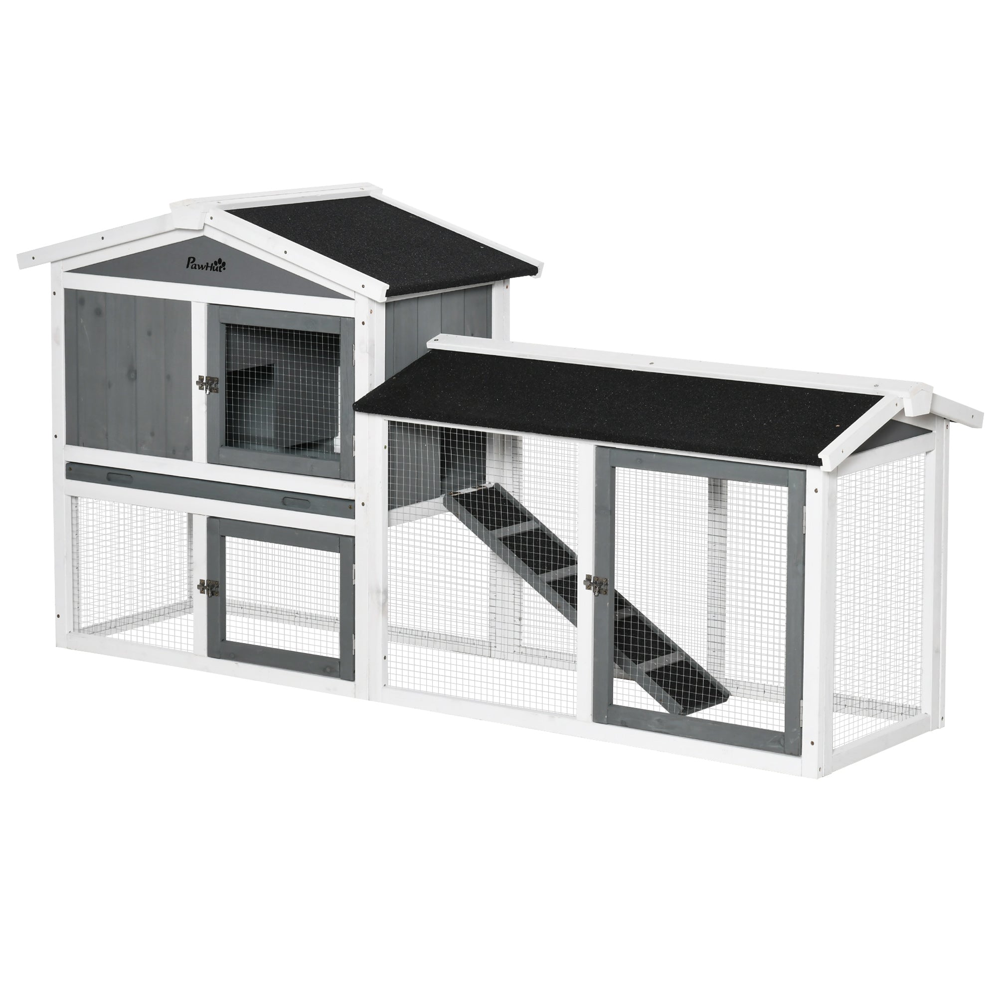 MCL Rabbit Hutch Outdoor, 2-Tier Guinea Pig Hutch, Wooden Small Animal House with Rabbit Run Box, Slide-out Tray, Ramp, 175.8 x 52 x 85.5 cm, White
