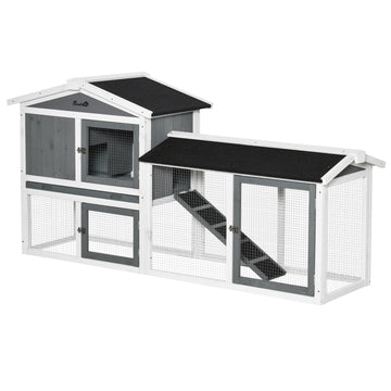 MCL Rabbit Hutch Outdoor, 2-Tier Guinea Pig Hutch, Wooden Small Animal House with Rabbit Run Box, Slide-out Tray, Ramp, 175.8 x 52 x 85.5 cm, White