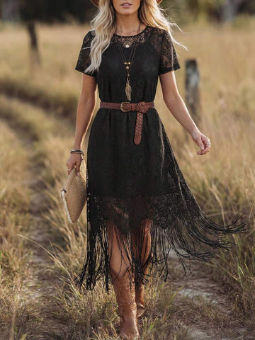 Wildy Black Boho Lace Fringe Midi Dress Women's Wedding Guest Cocktail Regular Fit Round Neck Short Sleeve Woven Fabric Western Country Casu,M
