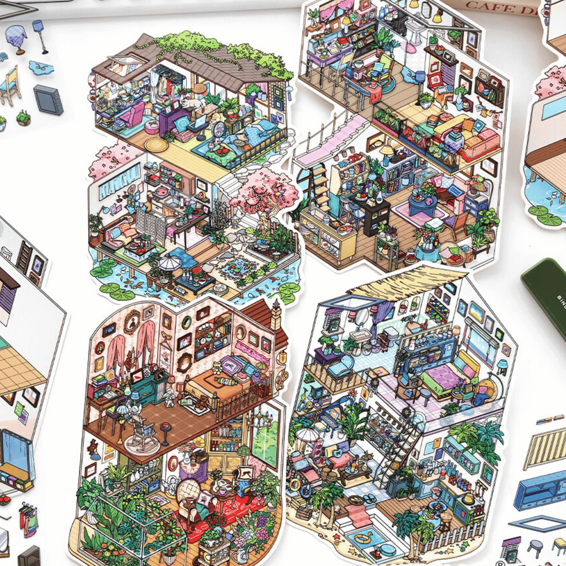 My Leisure Two-Story House – 3D Sticker Scenes - 4 Theme Sets: Sunshine Greenhouse | Japanese Cottage | Summer House | Sunny Coast