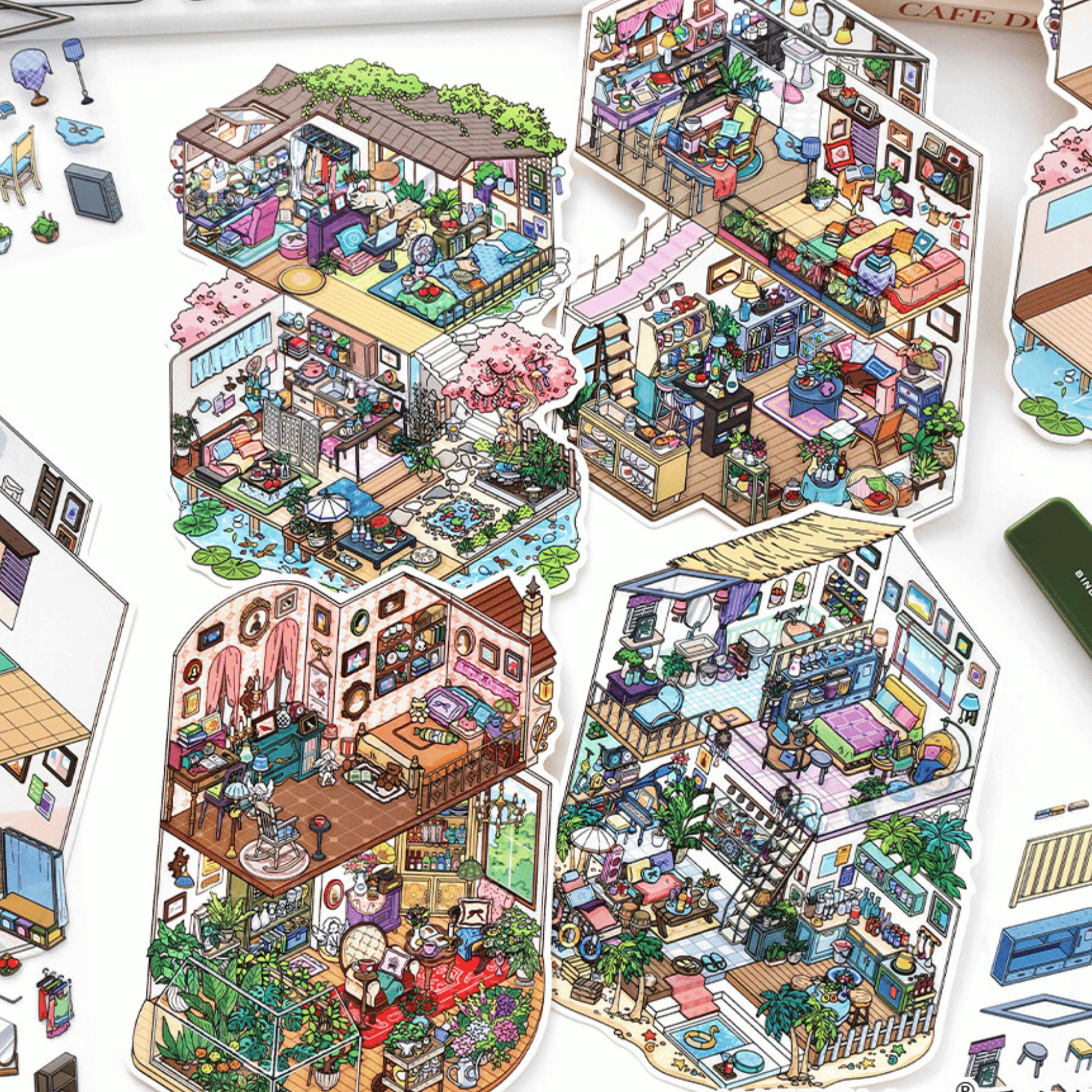 My Leisure Two-Story House – 3D Sticker Scenes - 4 Theme Sets: Sunshine Greenhouse | Japanese Cottage | Summer House | Sunny Coast