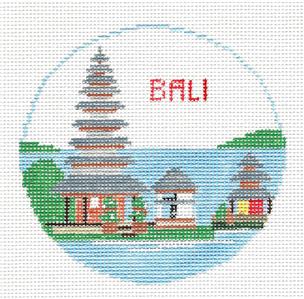 Travel Round ~ BALI Indonesian Hindu Temple 4" Rd. handpainted 18mesh Needlepoint Canvas by Kathy Schenkel