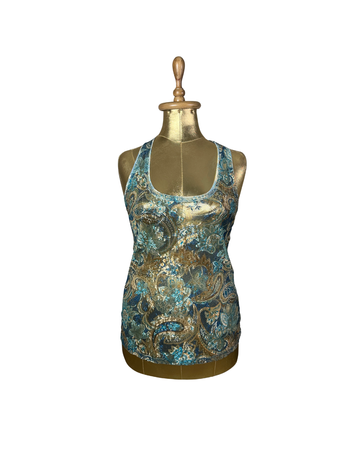 Embroidered Paisley Gold & Teal Mesh Tank Top