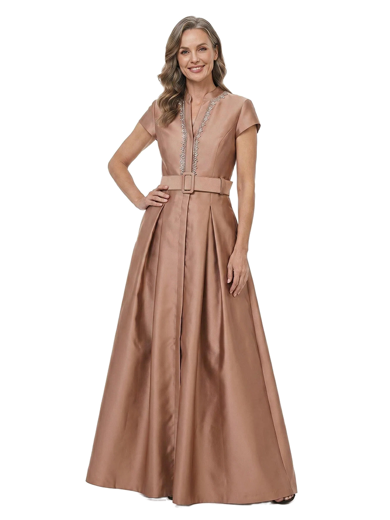 ChicSew Elegant V-Neck Mother Of The Bride Dresses Short Sleeves Satin A-Line Party Gown