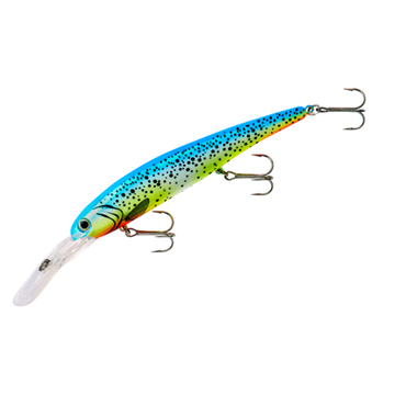 Bandit Walleye Deep fishing lure with a blue and green body, black spots, three treble hooks, and a clear plastic diving lip for deep water fishing.