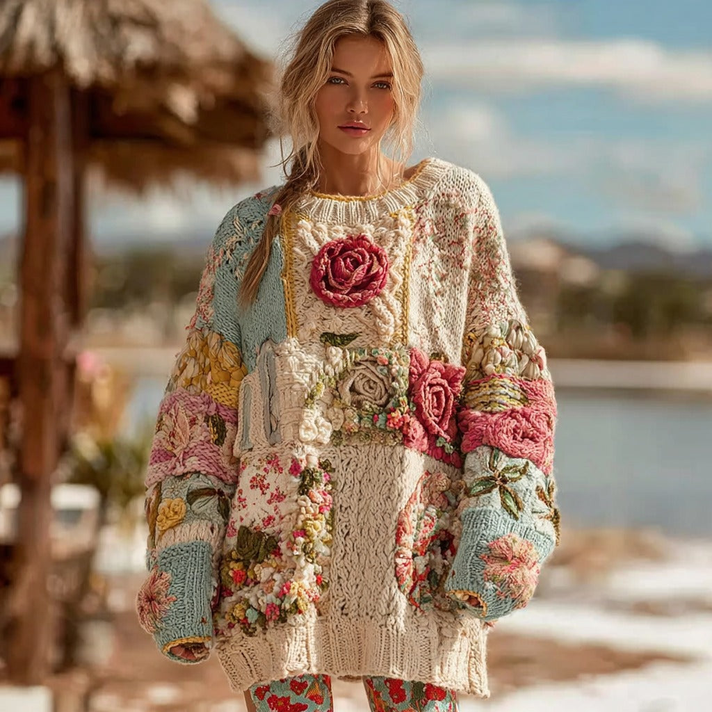 Women's Vintage Rose Floral Chunky Knit Warm Crew Neck Sweater artswardrobe