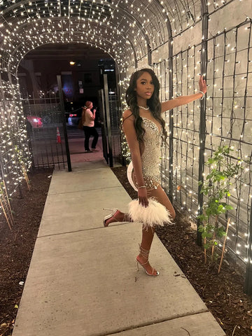 Black Diamond Sheer Short Short sequin prom dress for Girls - Sexy African Mini Tail Dresses for Birthday Parties, Homecoming