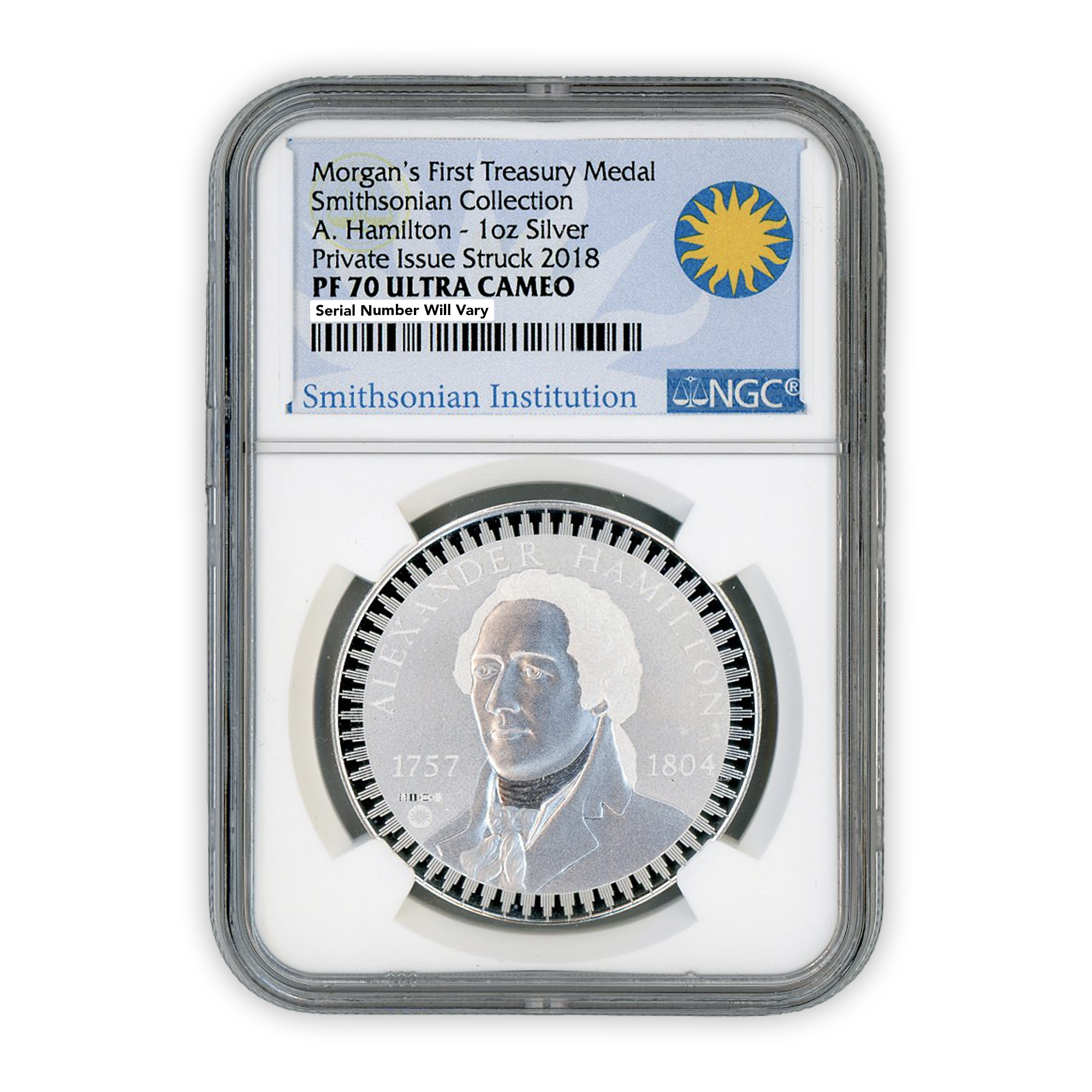 2018 1 oz Silver Morgans First Treasury Medal Smithsonian Collection A. Hamilton - Private Issue Struck - NGC PF70 Ultra Cameo - CoinsTV