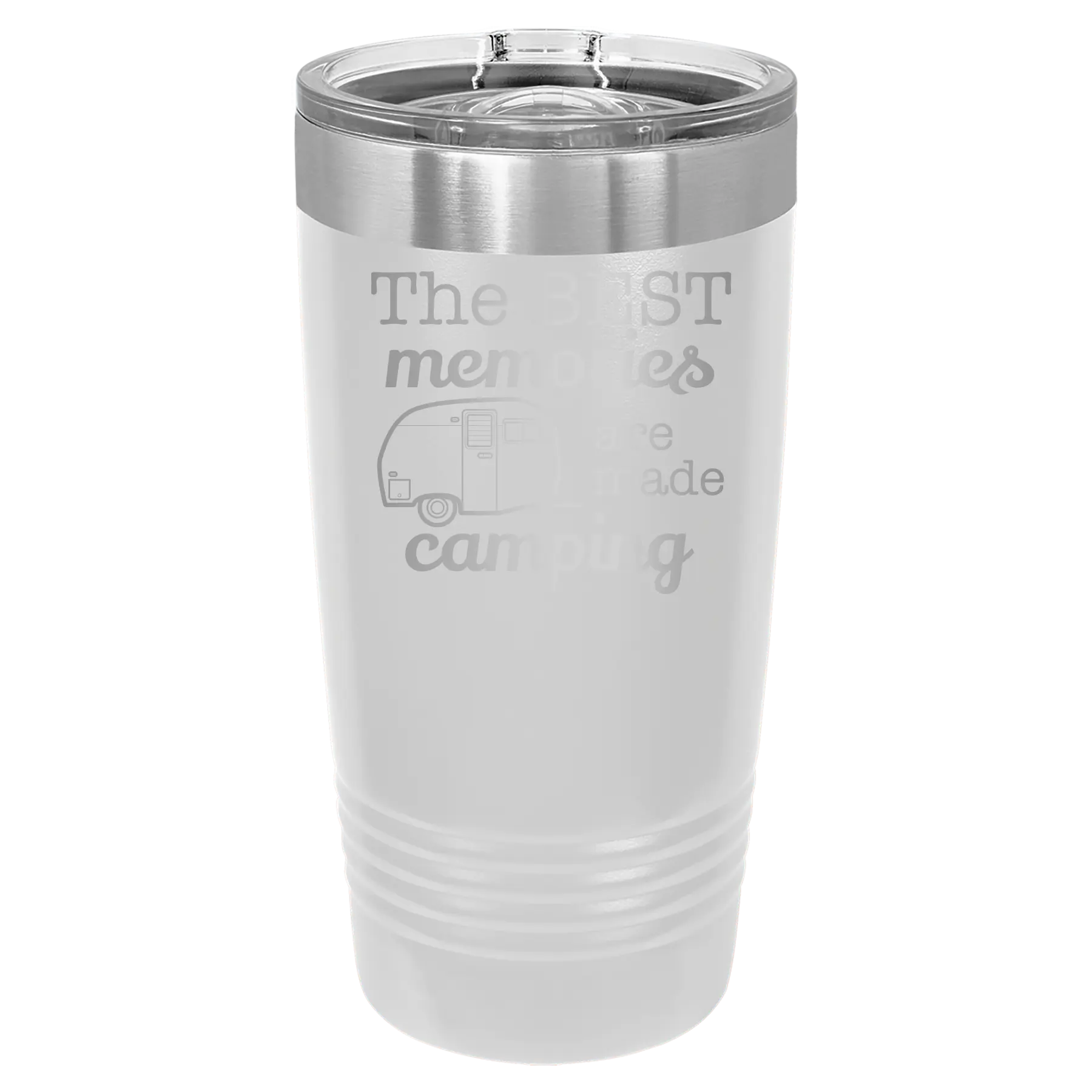 Laser etched white 20 oz vacuum insulated tumbler with 'Camping' design
