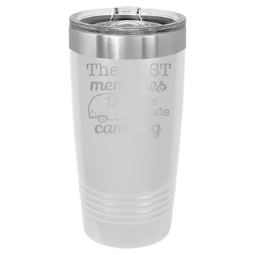Laser etched white 20 oz vacuum insulated tumbler with 'Camping' design