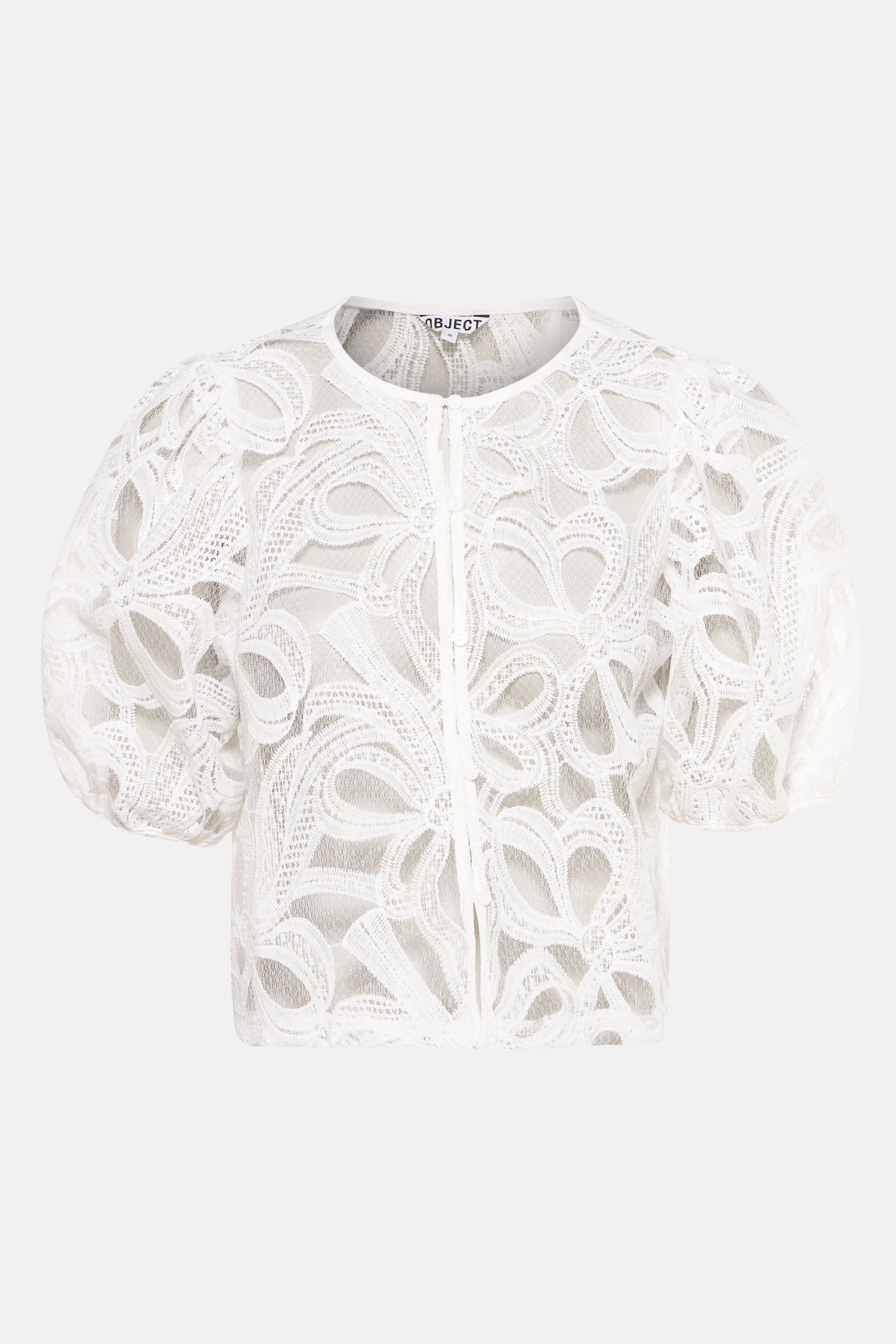 Witte blouse met korte mouwen van OBJECT, met bloemenkant en knoopsluiting aan de voorzijde.