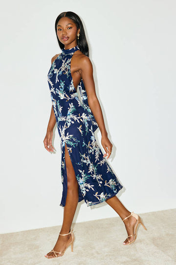 Navy Floral Backless Dress - Floral Midi Dress - Halter Dress