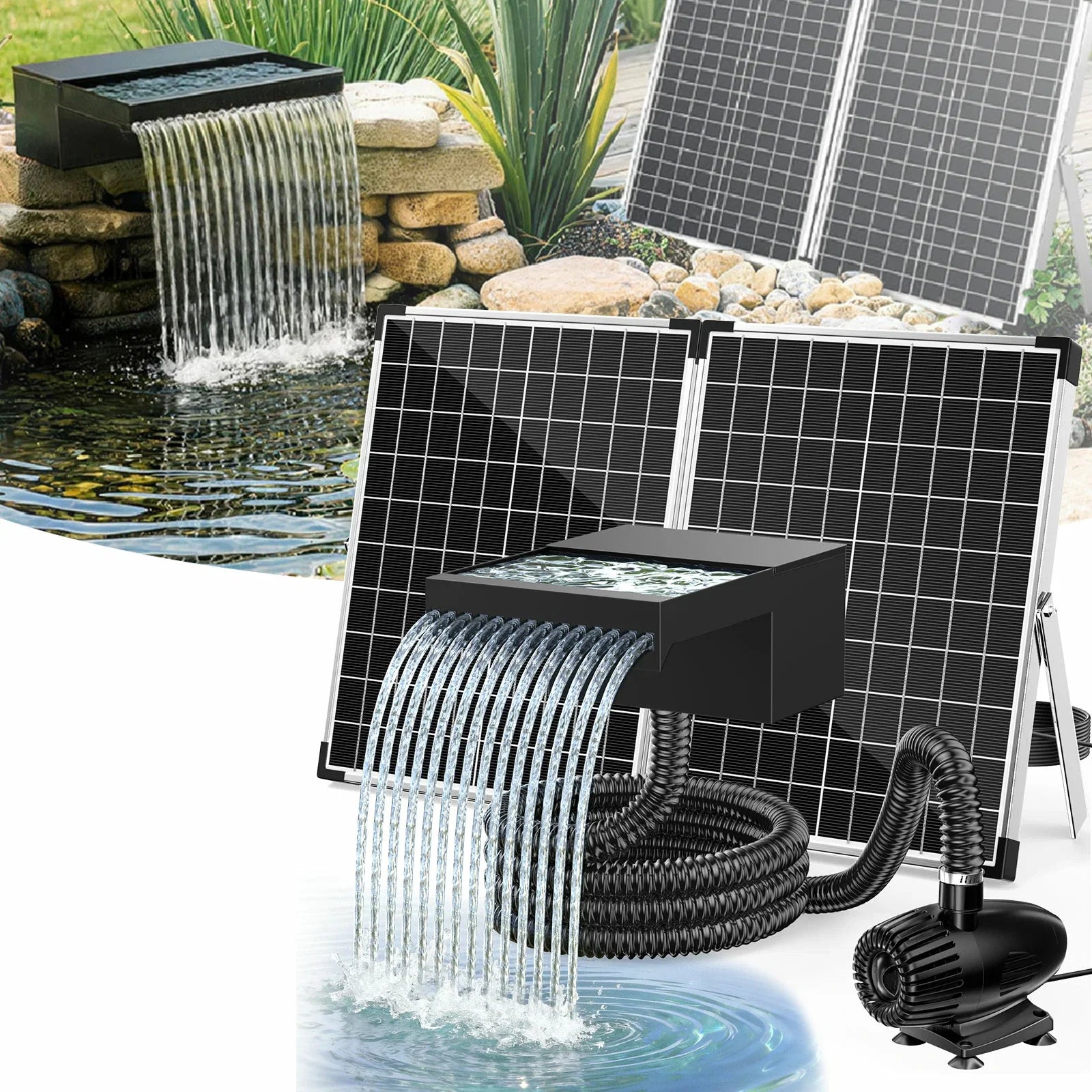 55W 580GPH Solar Waterfall Pump Kit with 8" Spray Spillway