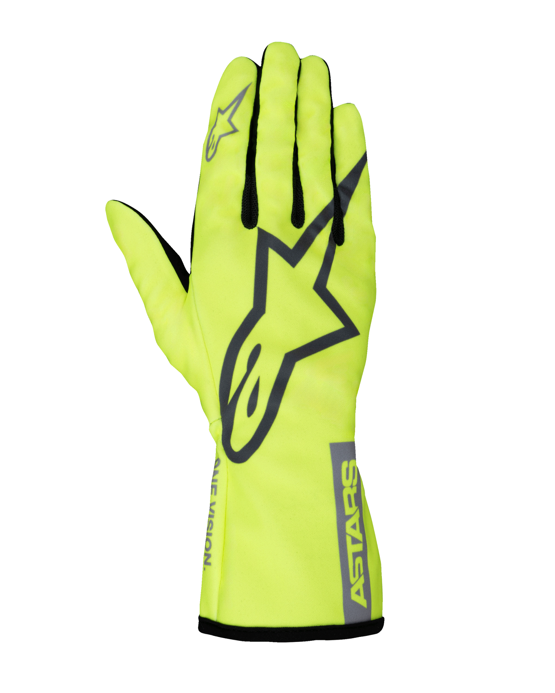 Alpinestars Youth Tech-1 K Race S V2 Pure Handschuhe, Karting-Rennhandschuhe, Fluoreszierendes Gelb und Grau, mit großem A-Star Logo auf dem Handrücken, ASTARS-Branding am Bündchen und Mesh-Einsätzen zwischen den Fingern.