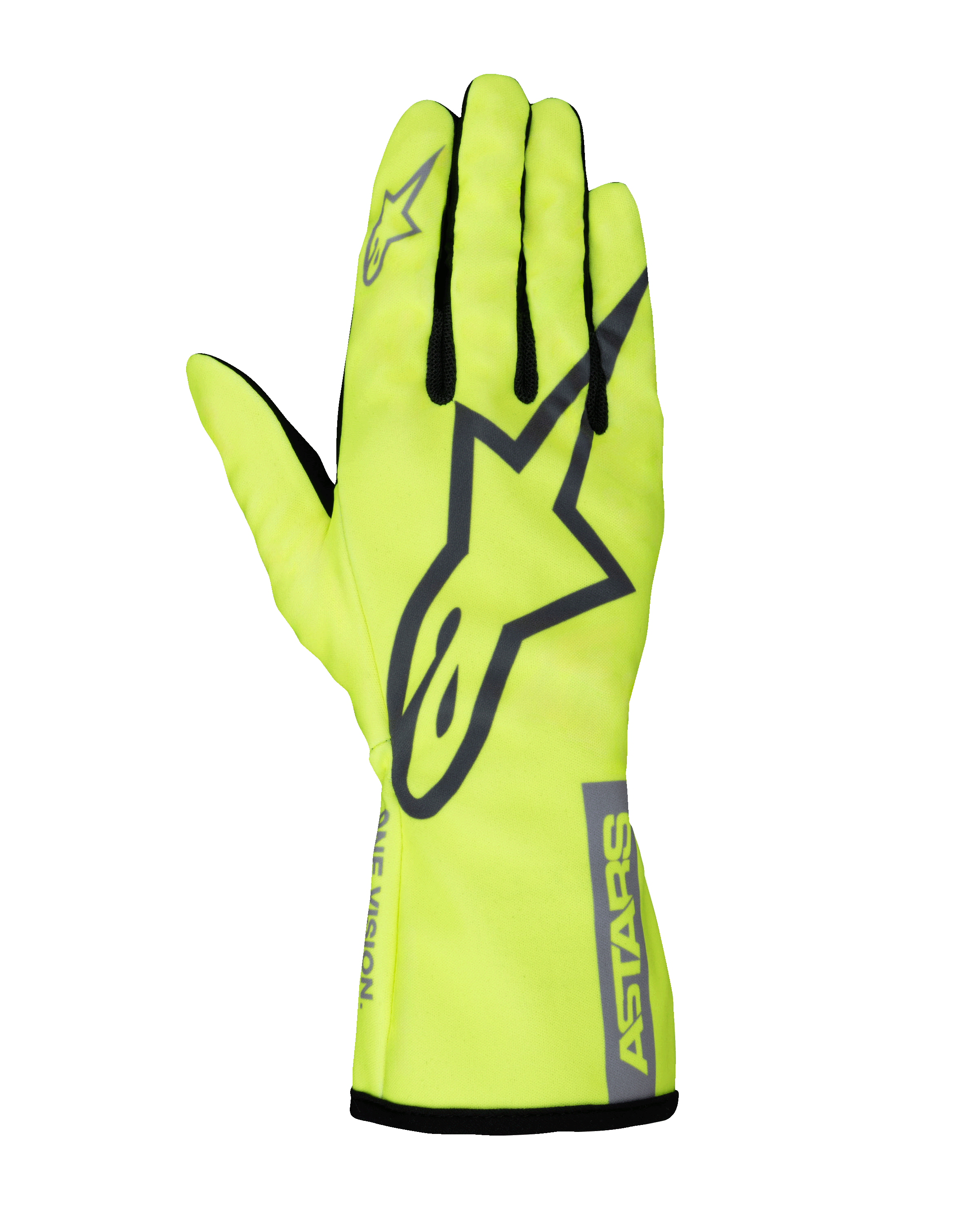 Alpinestars Youth Tech-1 K Race S V2 Pure Handschuhe, Karting-Rennhandschuhe, Fluoreszierendes Gelb und Grau, mit großem A-Star Logo auf dem Handrücken, ASTARS-Branding am Bündchen und Mesh-Einsätzen zwischen den Fingern.