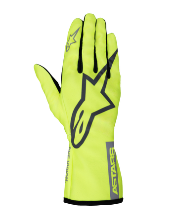 Alpinestars Youth Tech-1 K Race S V2 Pure Handschuhe, Karting-Rennhandschuhe, Fluoreszierendes Gelb und Grau, mit großem A-Star Logo auf dem Handrücken, ASTARS-Branding am Bündchen und Mesh-Einsätzen zwischen den Fingern.