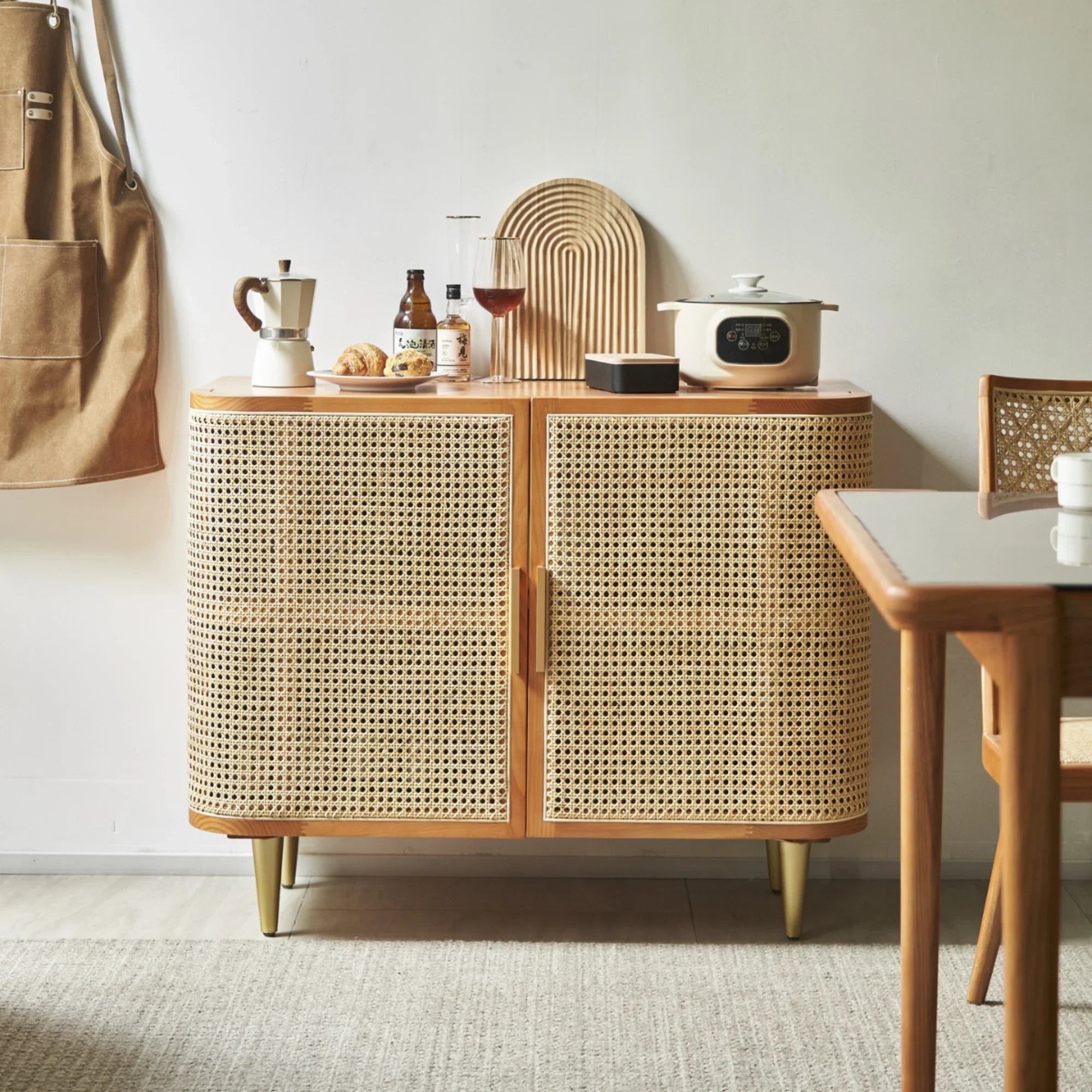 BohoBoho Luna Solid Wood & Rattan Curved Sideboard, Dark Wood, 100x42.5x85cm