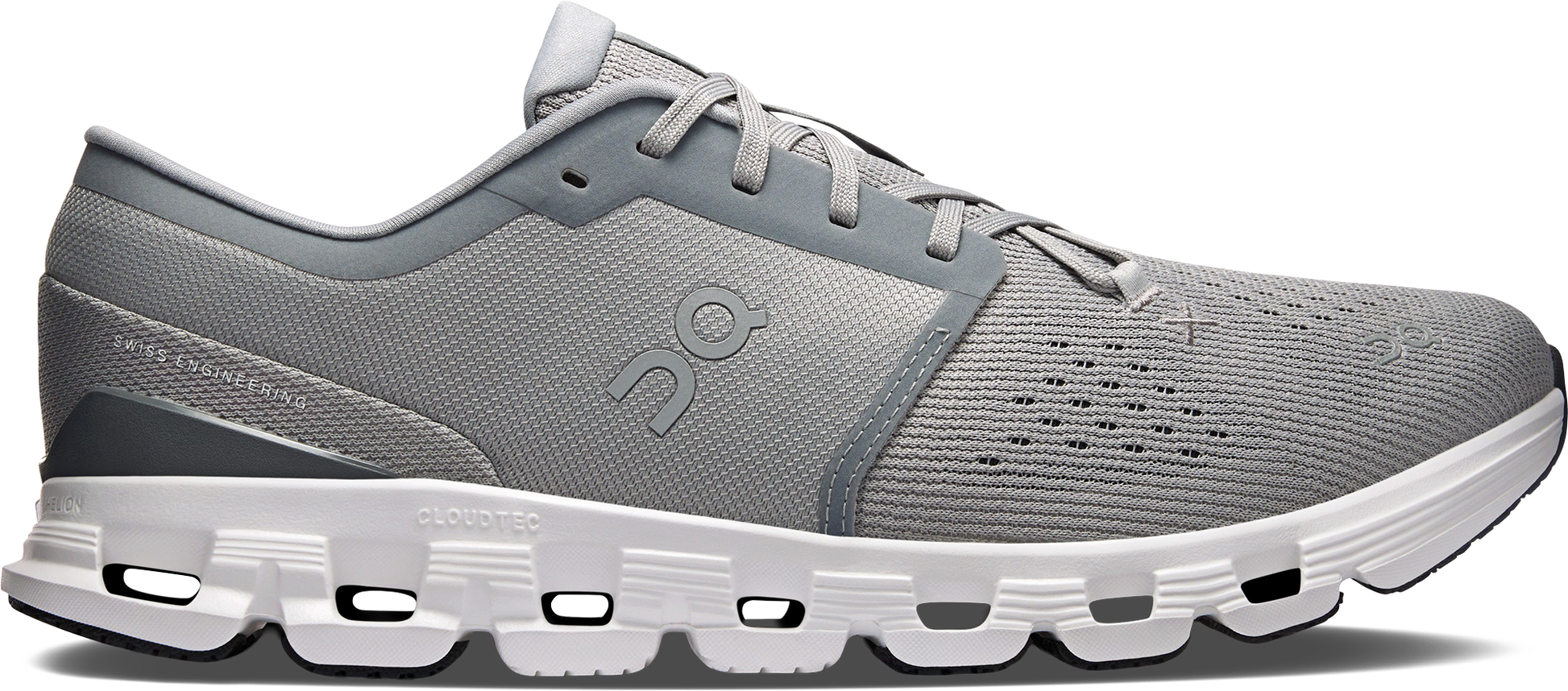 Quarter turn view Men's On Running Footwear style name Cloud X 4 in color Alloy/ Ivory. Sku: 3ME30043228