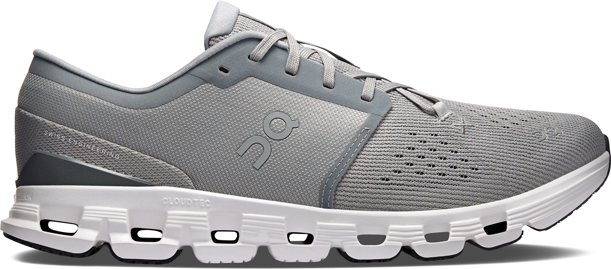 Quarter turn view Men's On Running Footwear style name Cloud X 4 in color Alloy/ Ivory. Sku: 3ME30043228