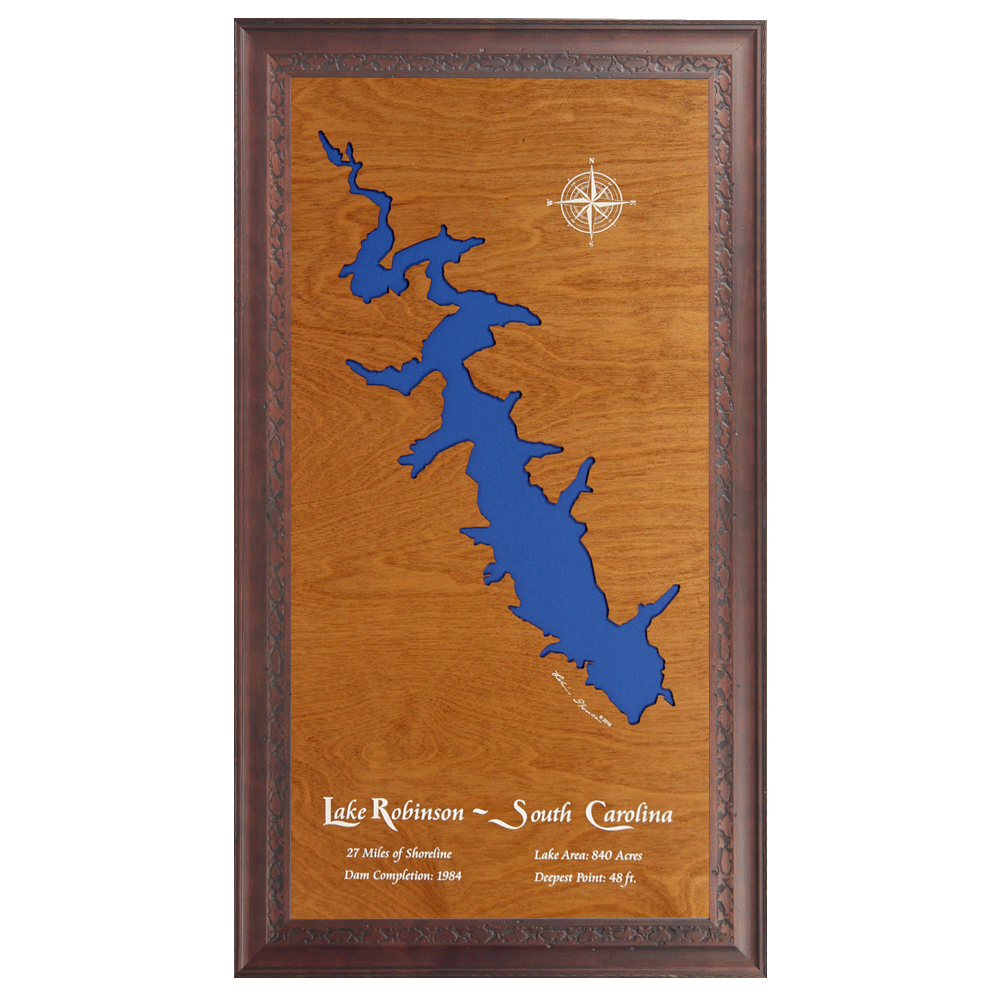 Lake Robinson, Greer, South Carolina Stained Wood and Dark Walnut Frame Lake Map Silhouette