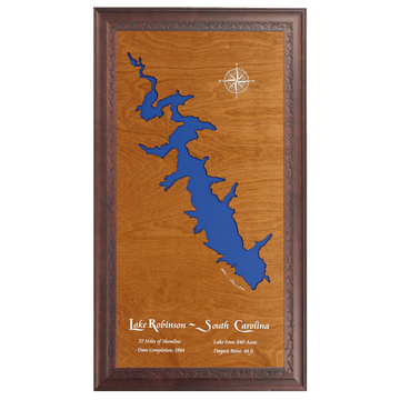 Lake Robinson, Greer, South Carolina Stained Wood and Dark Walnut Frame Lake Map Silhouette