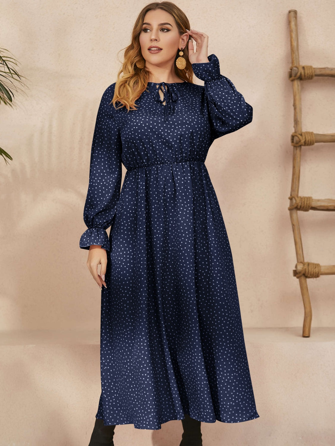 Plus Size Ruffled Polka Dot Long Sleeve Midi Dress - Charming Charlie