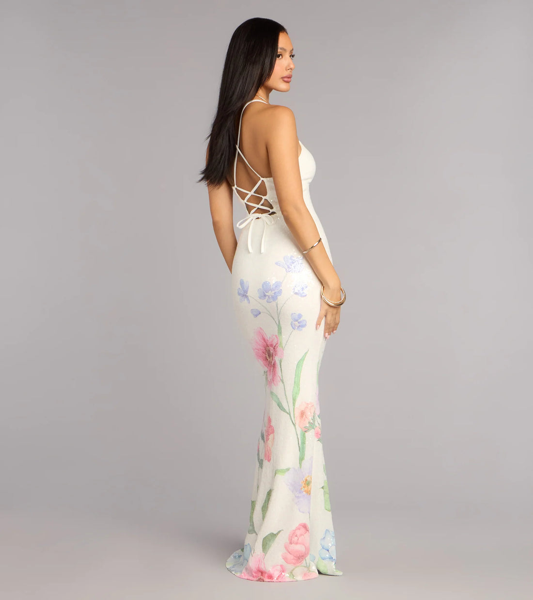 Melany Floral Sequin Lace-Up Formal Dress