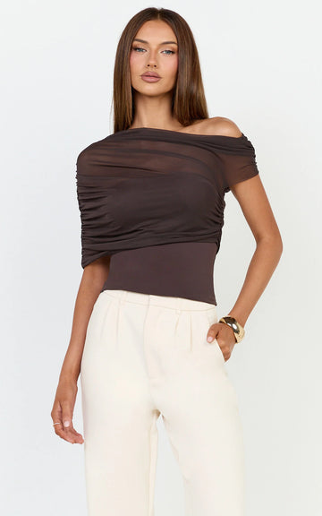 Sophia Top - Draped One Shoulder Mesh Overlay Top in Chocolate