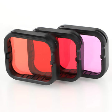 Underwater Camera Dive Filters For Gopro Hero 5, 6 And 7 Black Super Suit Waterproof Housing Case In Red, Light Red, And Magenta