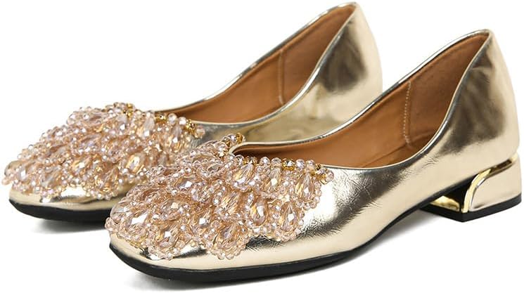 Women's Square Toe Flats Rhinestone Ballet Shoes,Fashion Wedding Flats for Women Comfortable Slip on Low Heel Shoes (A Gold,7)