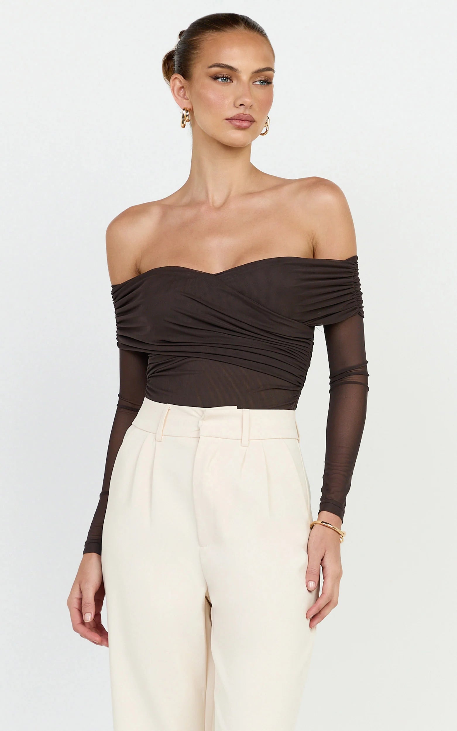 Opal Bodysuit - Long Sleeve Wrapped Off Shoulder Bodysuit in Chocolate