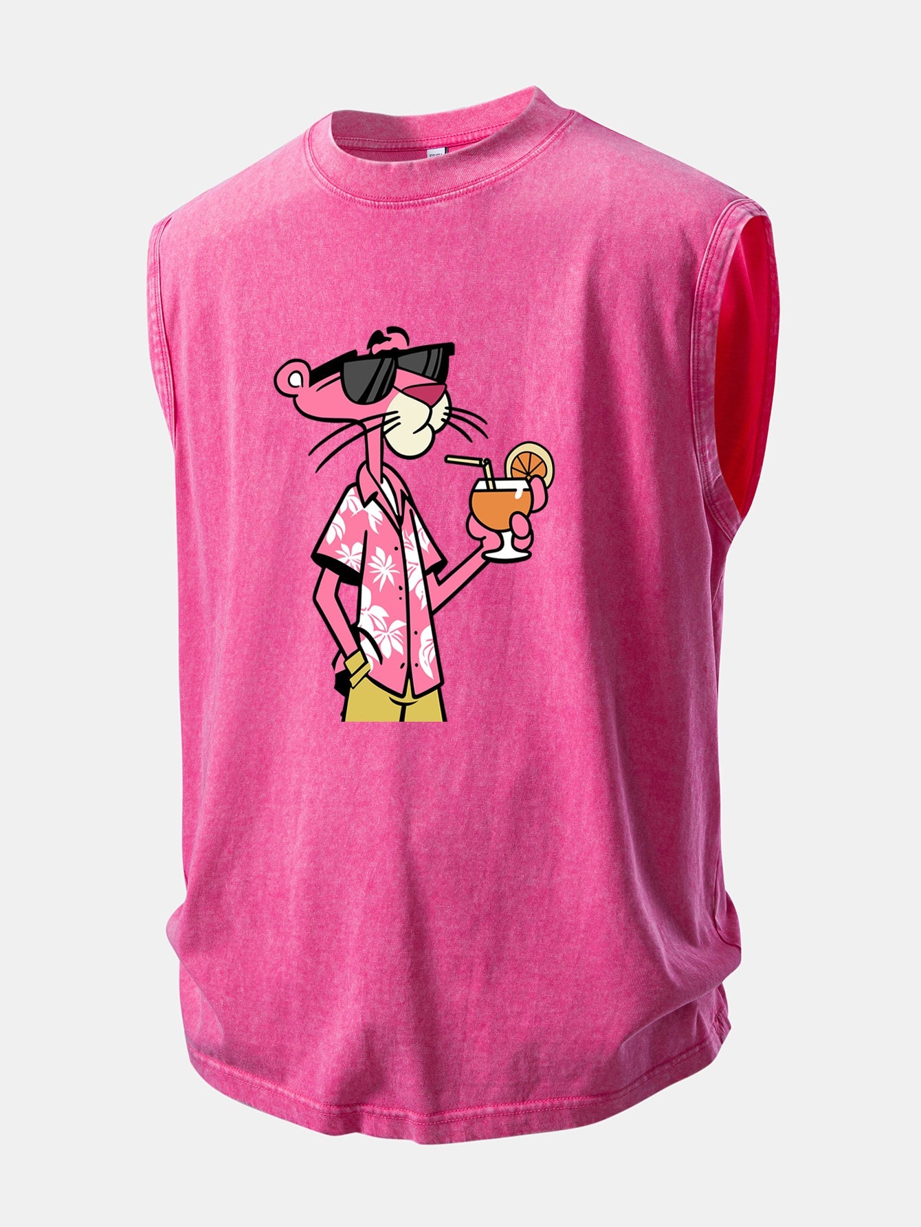 Vacation Pink Panther Print Washed Distressed Tank Top