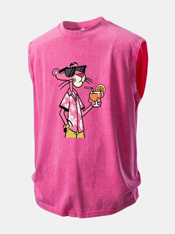 Vacation Pink Panther Print Washed Distressed Tank Top
