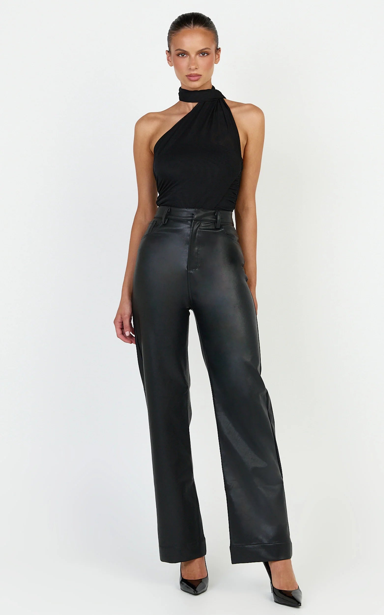 Lucienne Bodysuit - One Shoulder Draped Scarf Bodysuit in Black