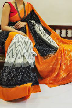 Black Orange Mulmul Batik Handloom Cotton Sarees - Dailybuyys