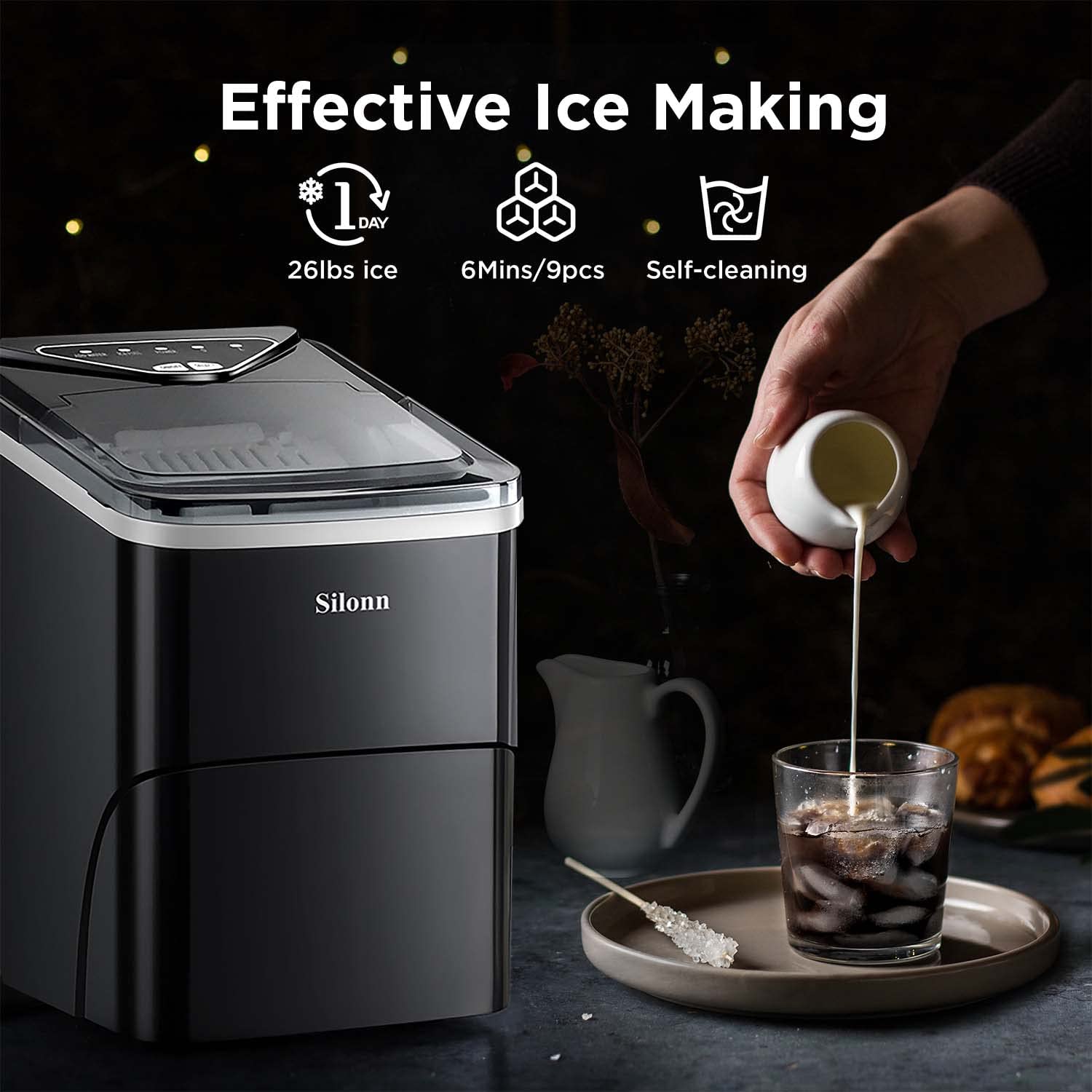 Silonn Eiswürfelmaschine Klein, 9 Stück in 6 Min Mertig 12 kg in 24 Stdn. Fertig, 2 l Wassertankkapazität, Tragbare Eiswürfelmaschine kann 2 Größen Eiswürfel Produzieren, Geeignet für Küche und Party