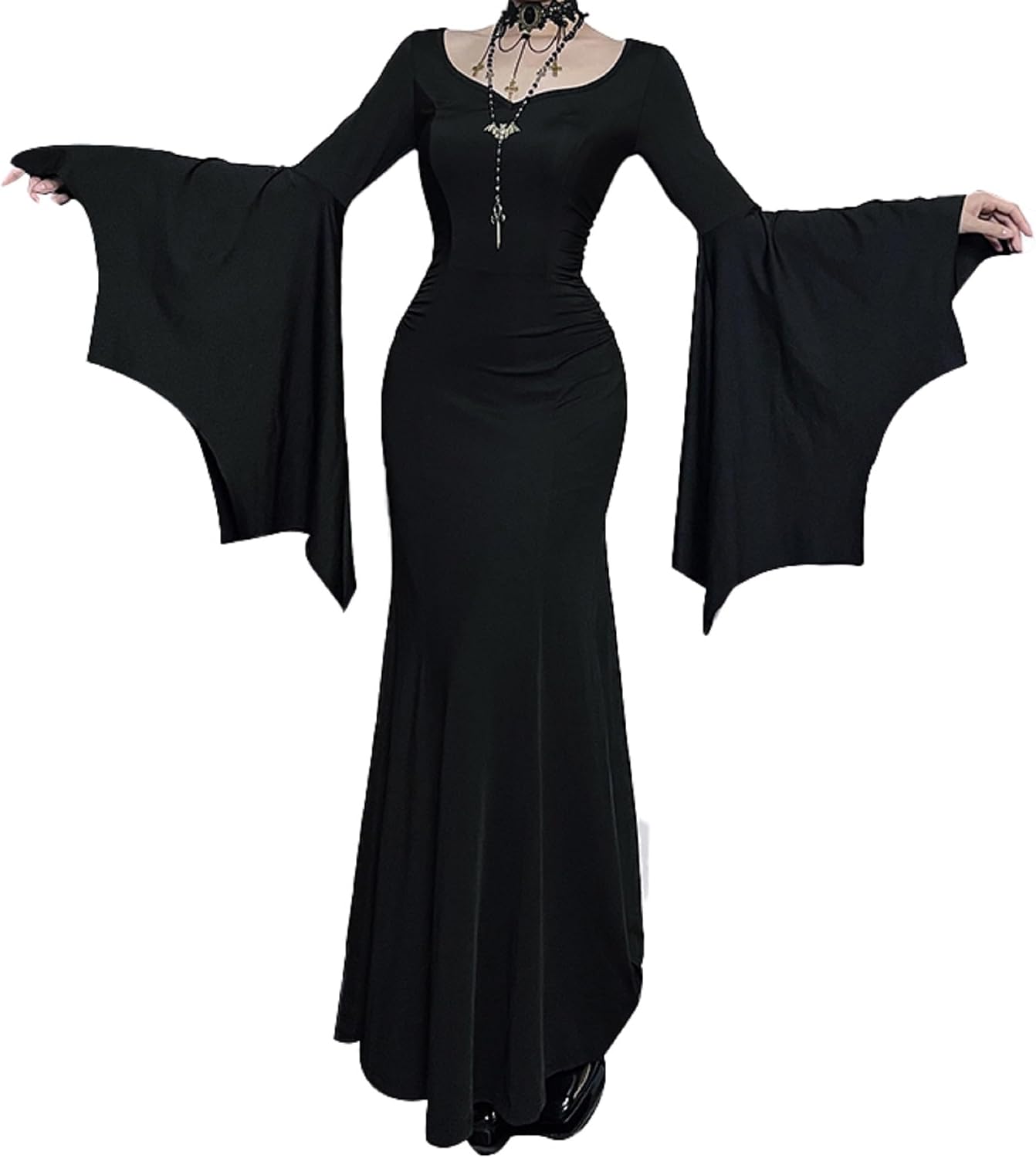 TSMNZMU Gothic Maxi Dresses for Women Dark Style Slim Long Dresses Long Flare Sleeve V-Neck Vintage Evening Dress