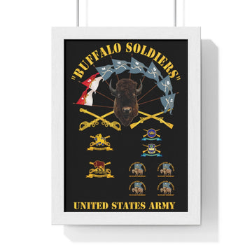 Premium Framed Vertical Poster - Buffalo Soldiers - Infantry - Cavalry Guidons with Buffalo Head  and Unit Crests - US Army
